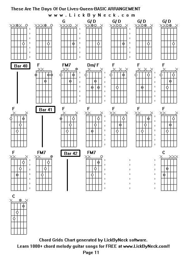 Chord Grids Chart of chord melody fingerstyle guitar song-These Are The Days Of Our Lives-Queen-BASIC ARRANGEMENT,generated by LickByNeck software.